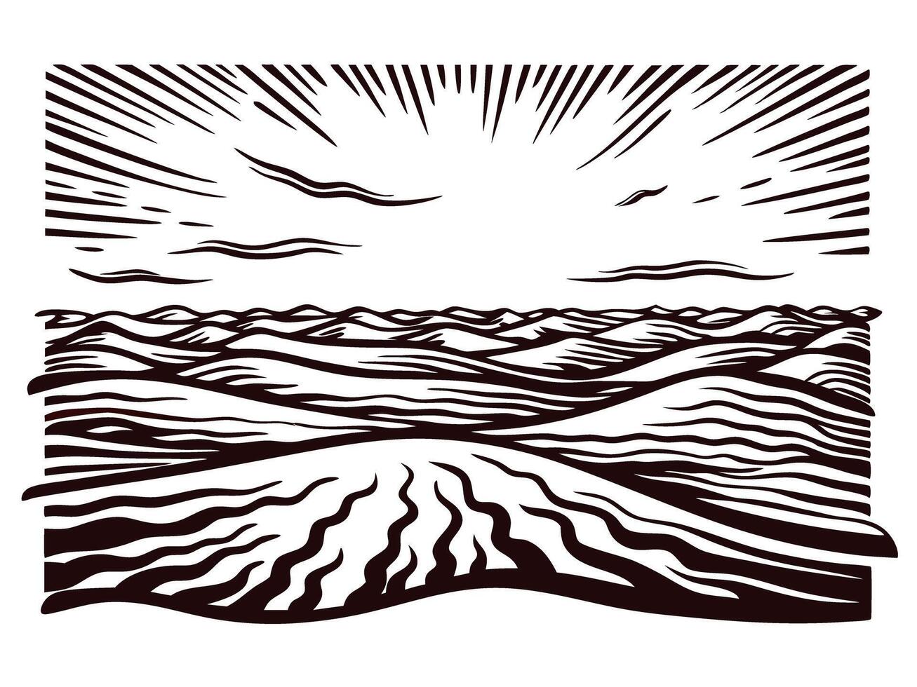 Scenic mountain landscape woodcut with dramatic sky and rolling fields vector