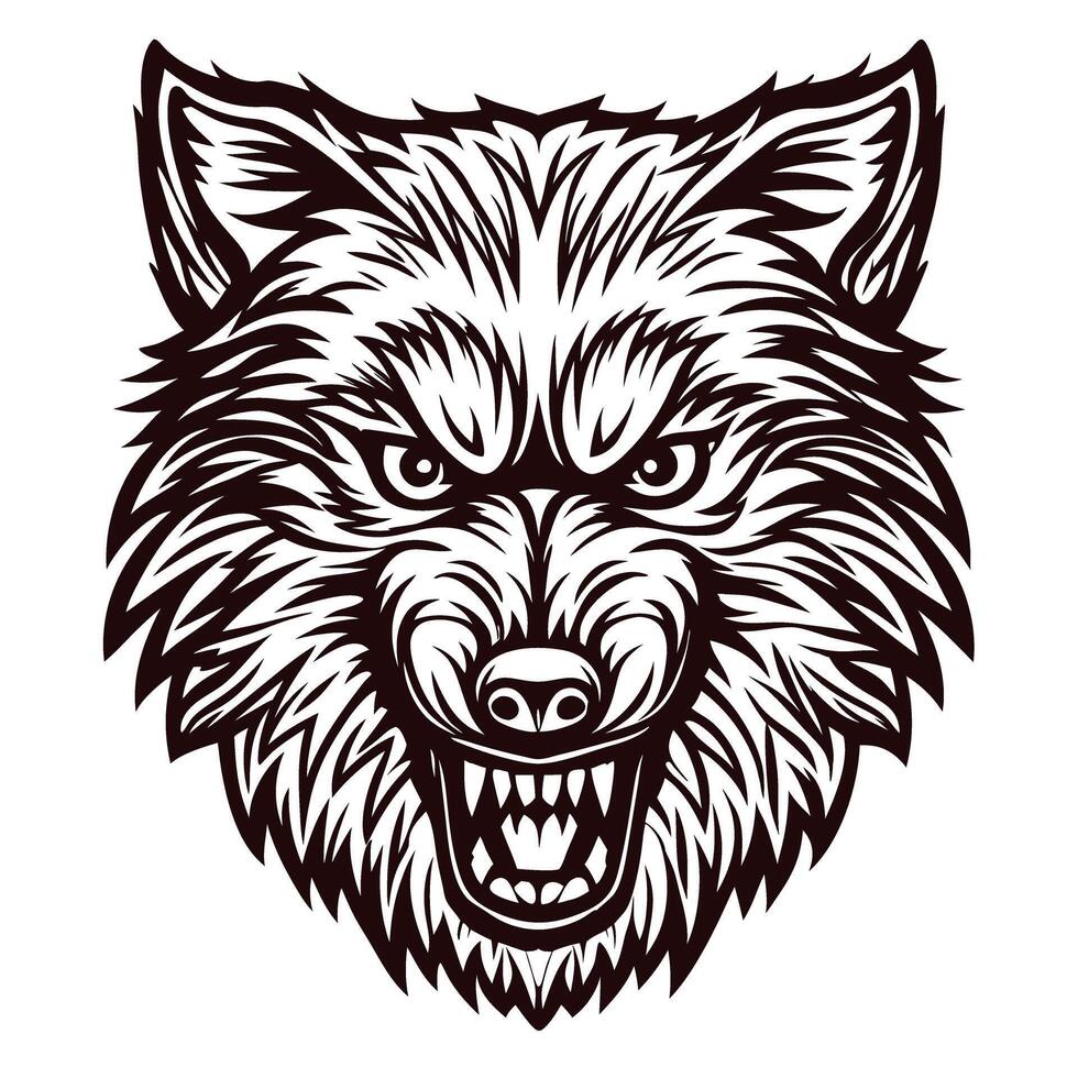 Fierce snarling wolf head mascot illustration in bold black outline on white background vector