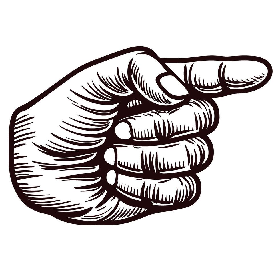 Engraved vintage hand pointing finger to right retro sketch illustration for direction, signage, or instructional design vector