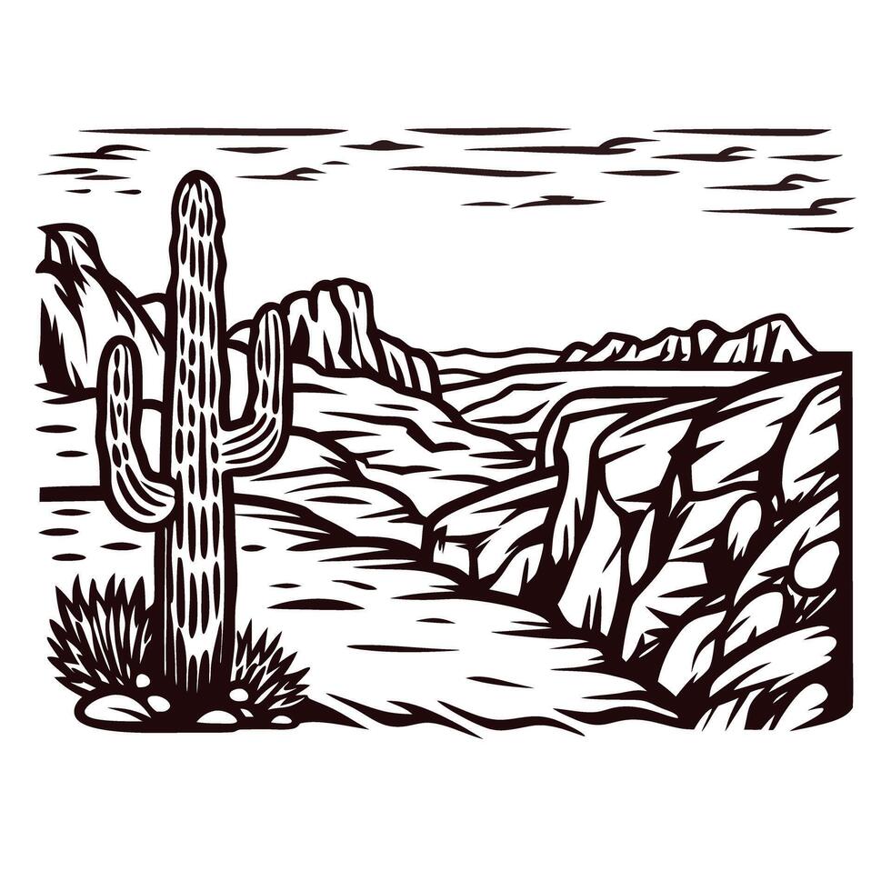 Hand drawn desert canyon landscape with cactus and rocky cliffs black and white engraving illustration vector
