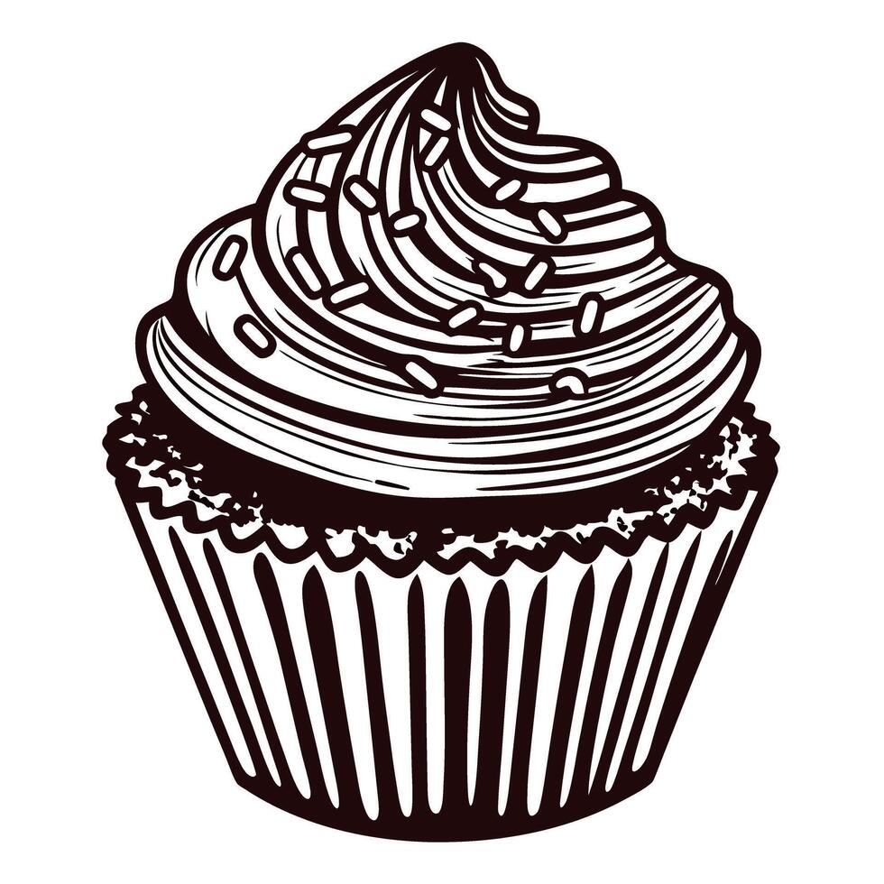Hand drawn cupcake with swirled icing and sprinkles in vintage engraved art vector