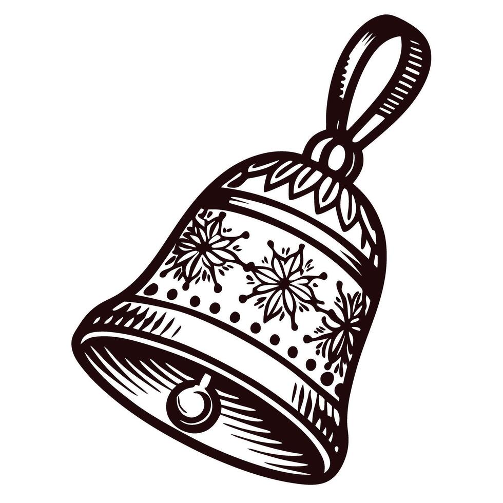 Vintage engraved decorative bell with floral ornament and ribbon loop isolated on white background illustration vector