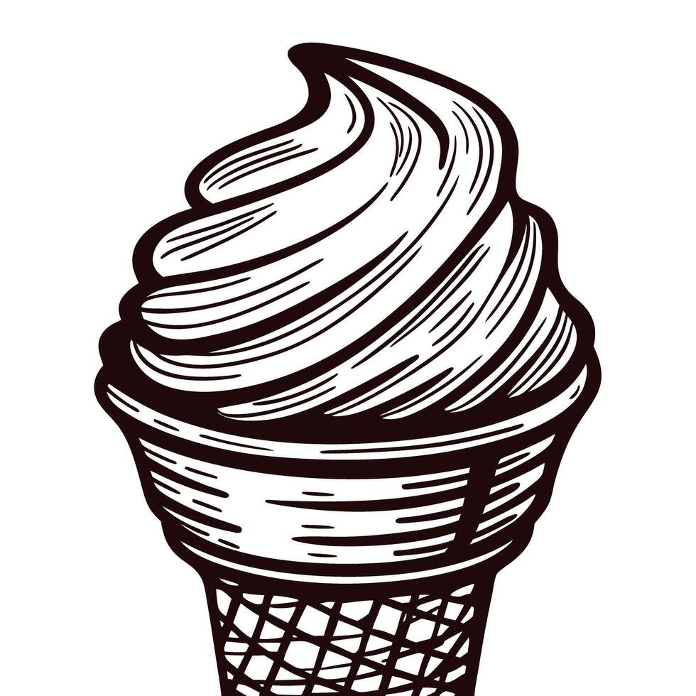 Hand drawn soft serve ice cream swirl in waffle cone monochrome sketch illustration isolated on white background vector
