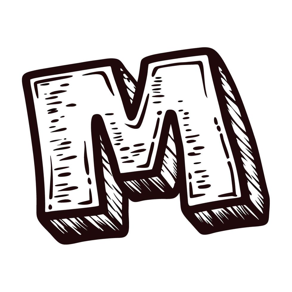 Hand drawn letter m in vintage sketch with bold lines and textured shading isolated on white vector