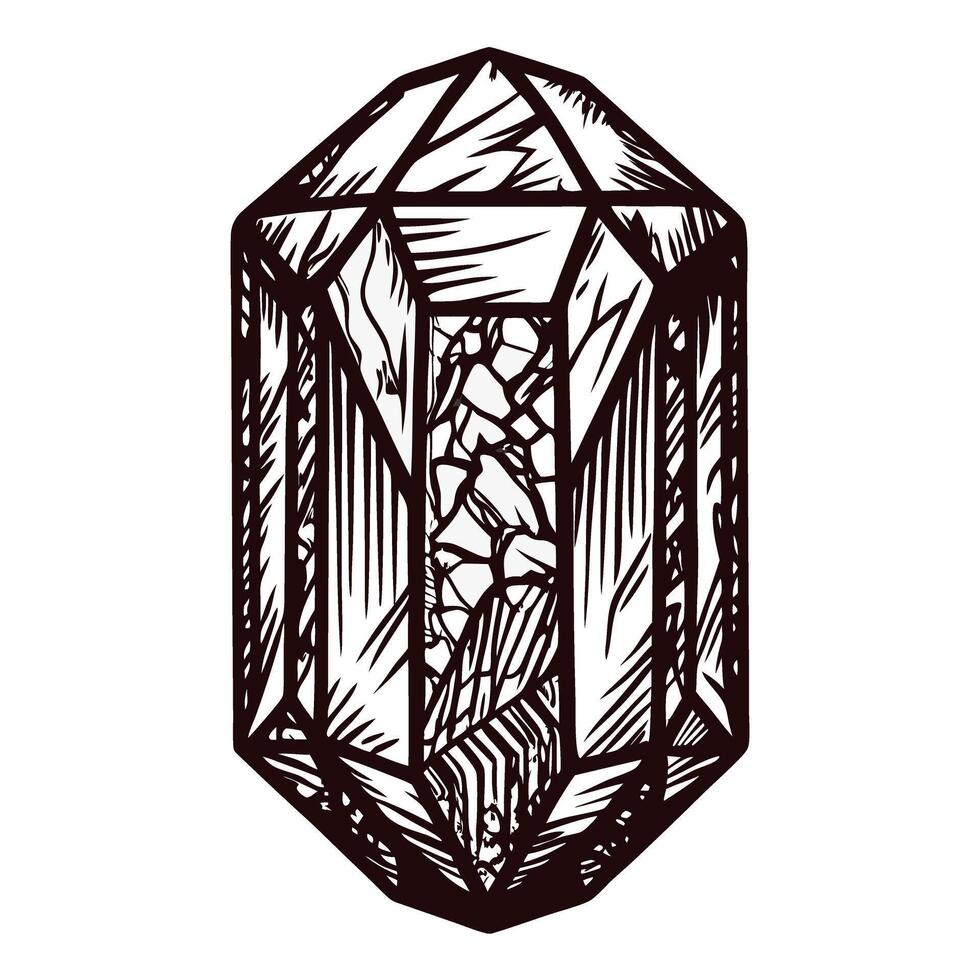 Intricate crystal drawing with geometric patterns and textured details vector
