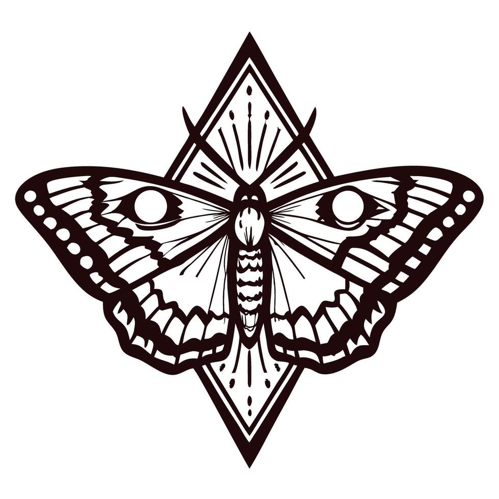 Detailed monochrome moth illustration with geometric diamond background and symmetrical ornamental design vector