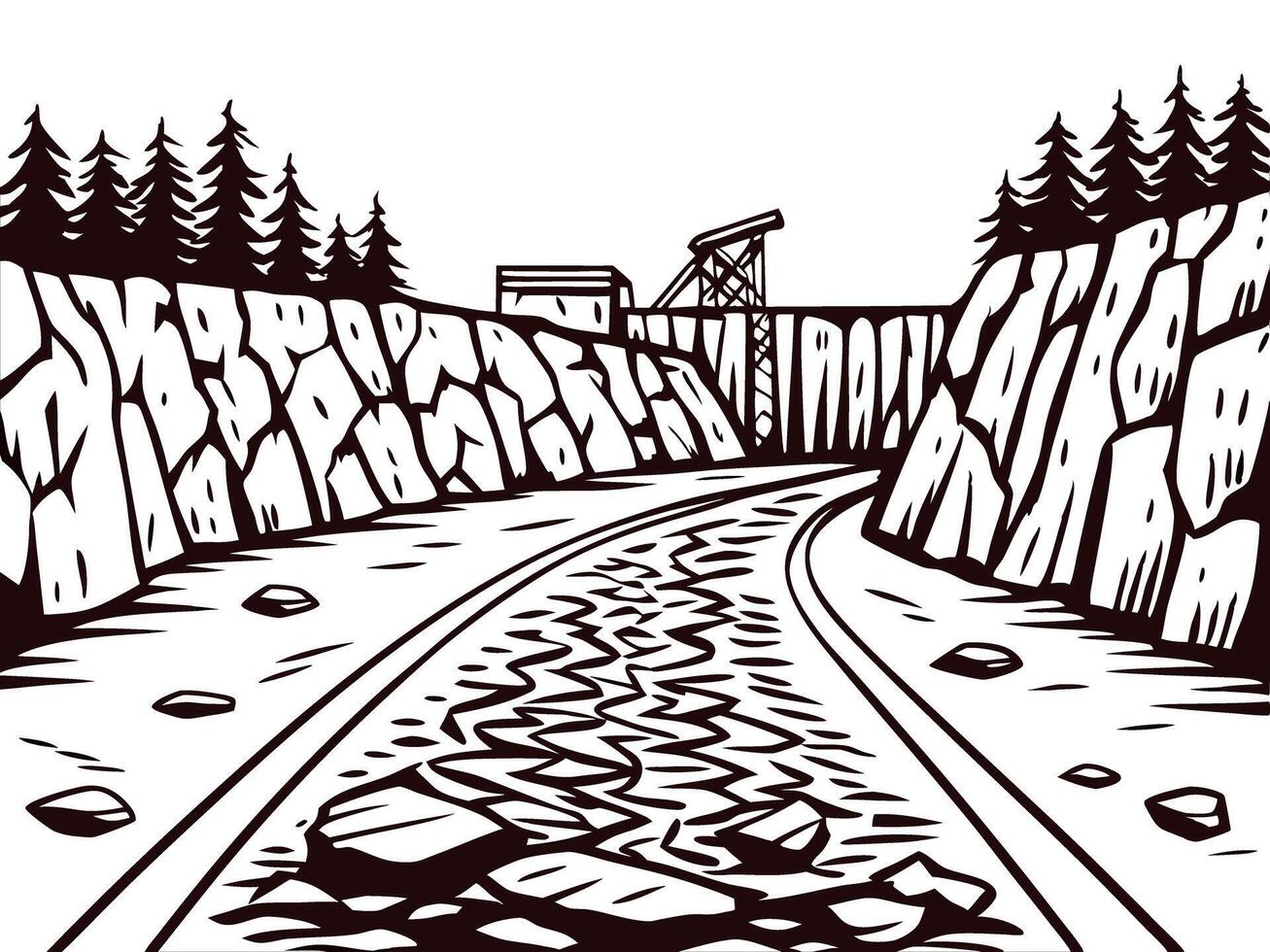 Scenic view of remote mountain road with rocky shores and pine trees vector