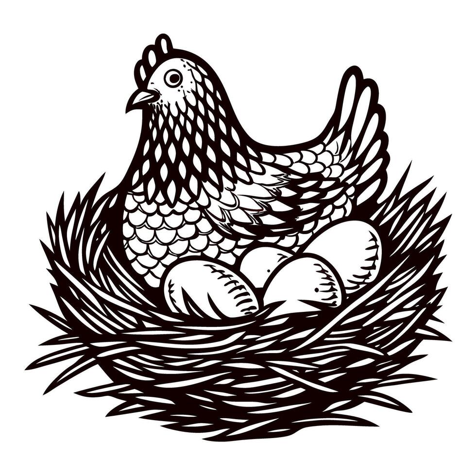 Hand drawn hen sitting on eggs in nest vintage engraved illustration in rustic black and white vector