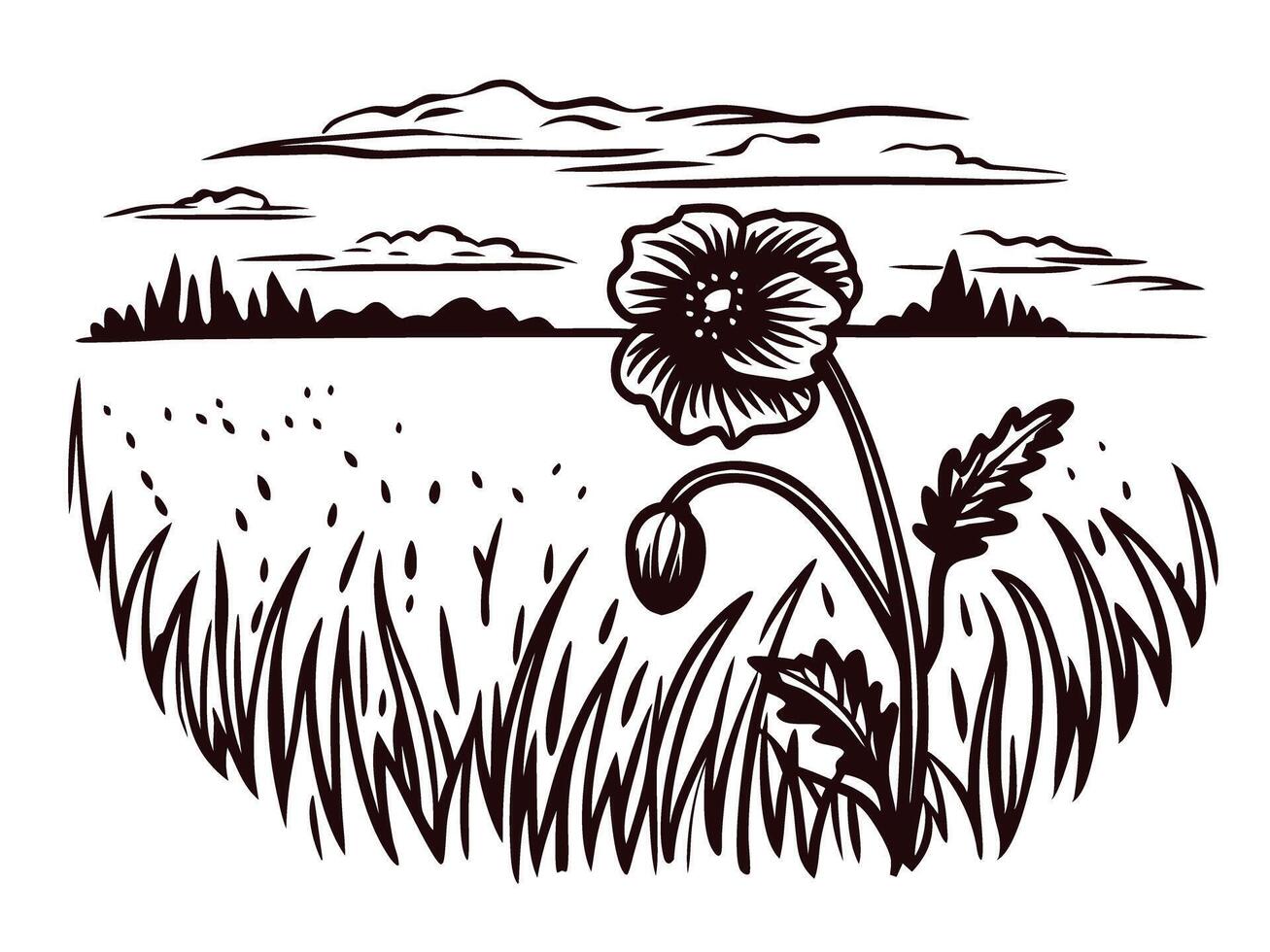 Black and white floral of a meadow landscape with lone flower and cloudy sky vector