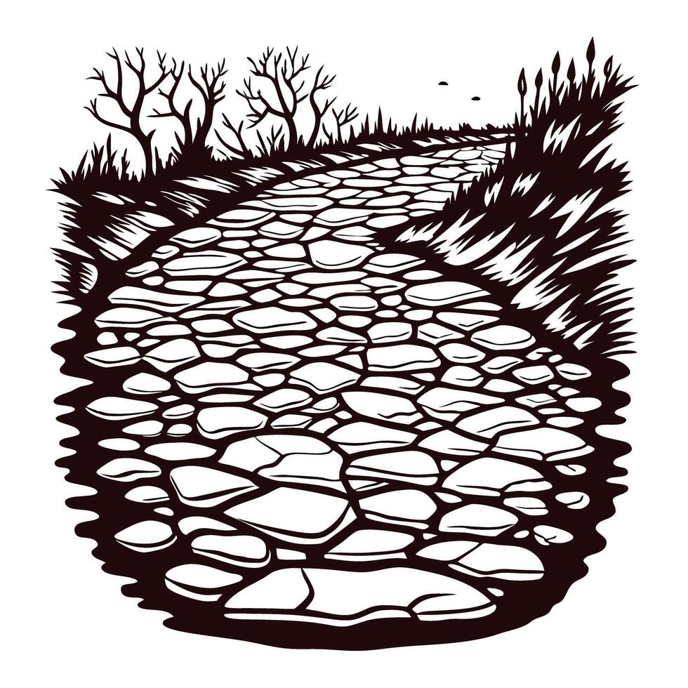 Vintage engraved illustration of a winding cobblestone path surrounded by tall grass and barren trees vector