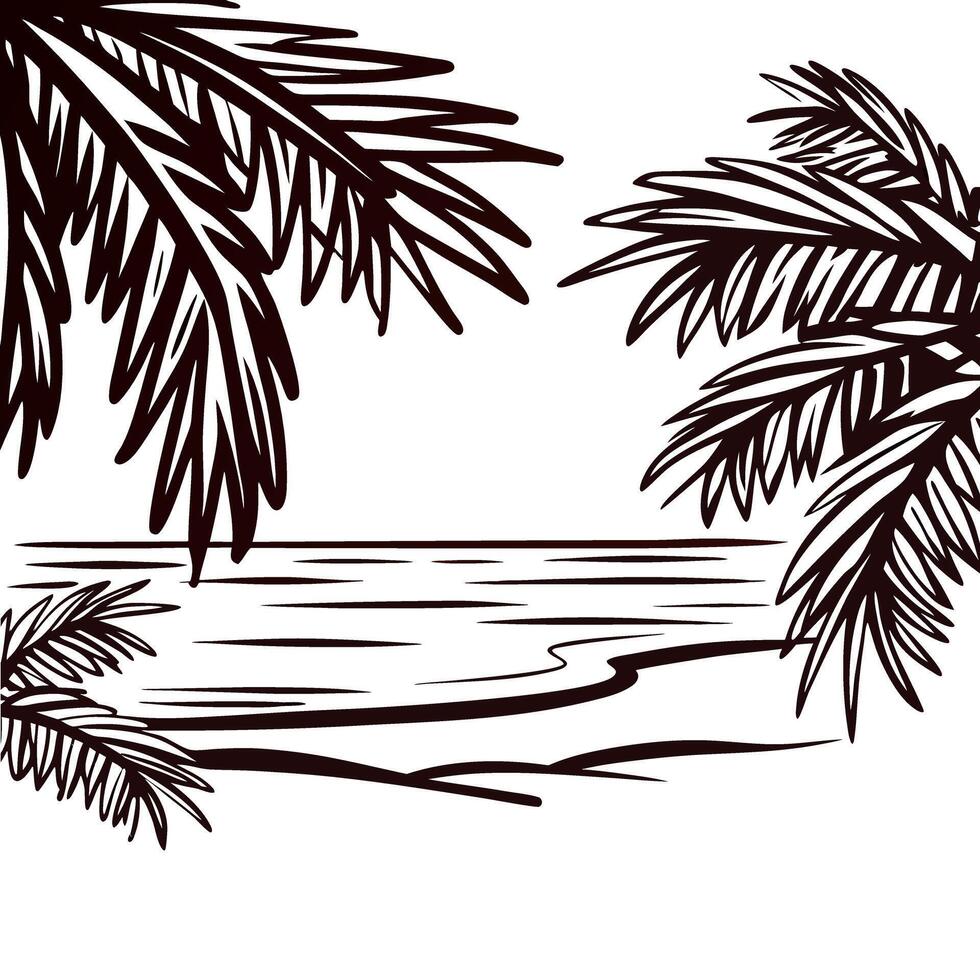 Tropical beach with palm trees silhouette at sunset vector