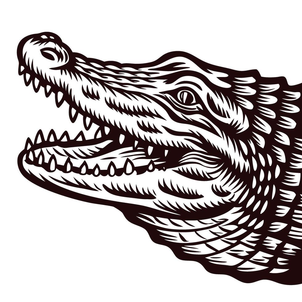 Detailed vintage engraving of an alligator head in profile monochrome stylized sketch illustration with open jaws vector
