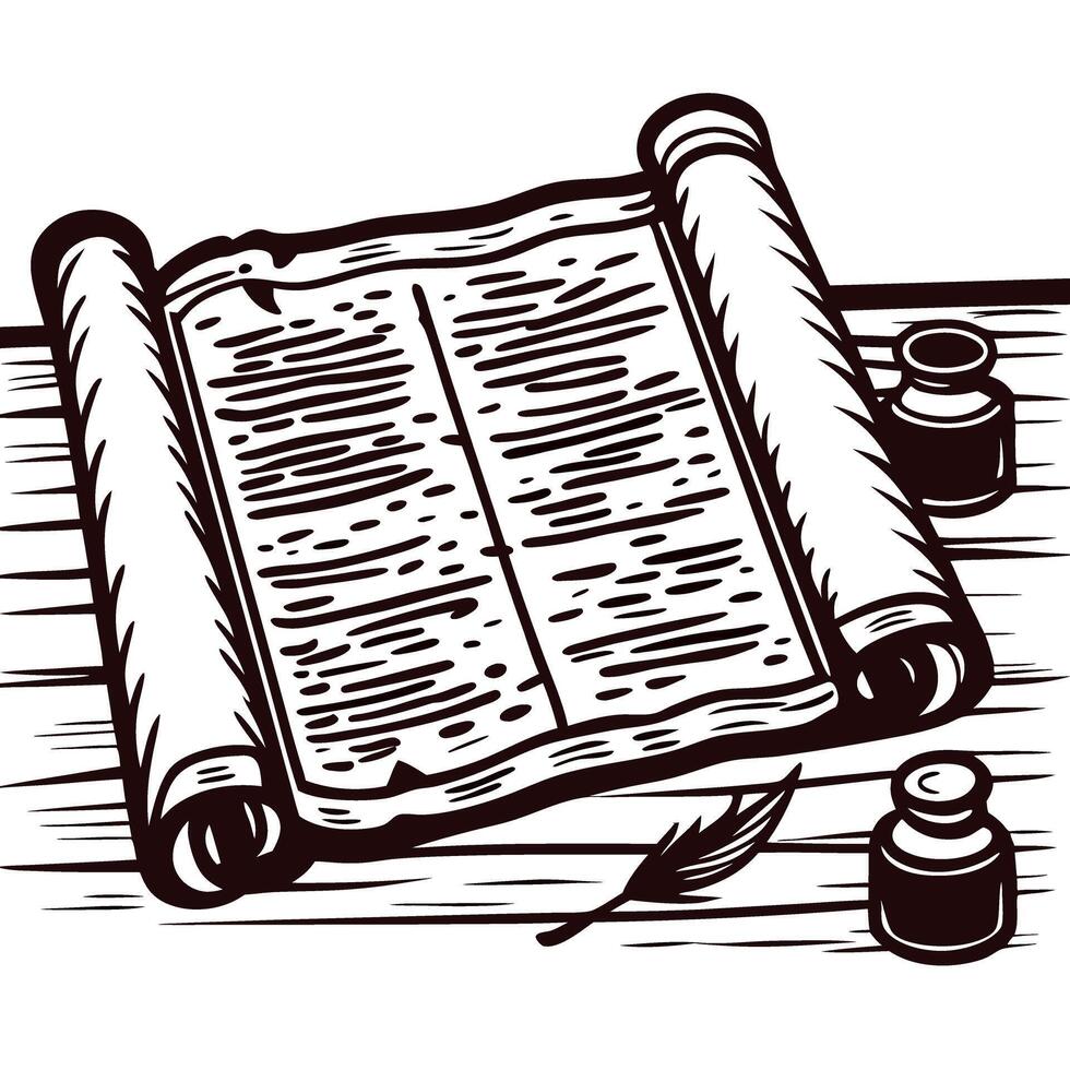 Antique scroll and inkpots illustration aged manuscript on wooden table with feather quill and black ink drawing vector