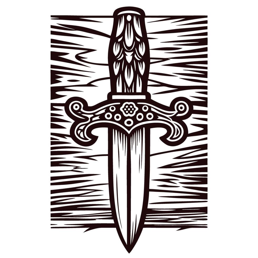 Ornate medieval dagger illustration with detailed handle and blade set against a stylized wooden background engraving vector