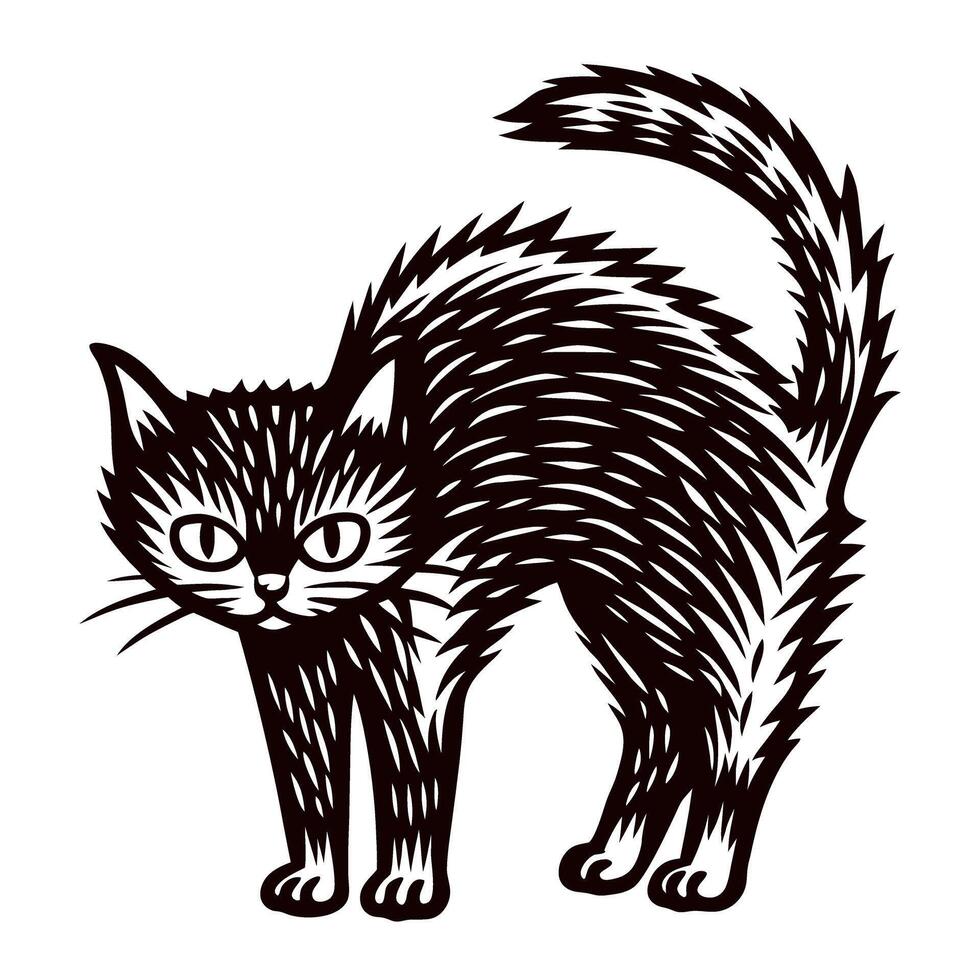 Vintage engraving illustration of an arched back black cat with raised tail and fur standing on end vector