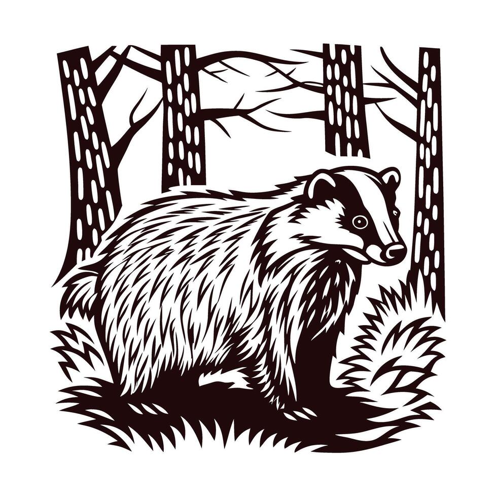 Detailed of a badger in a forest setting with trees and vegetation vector