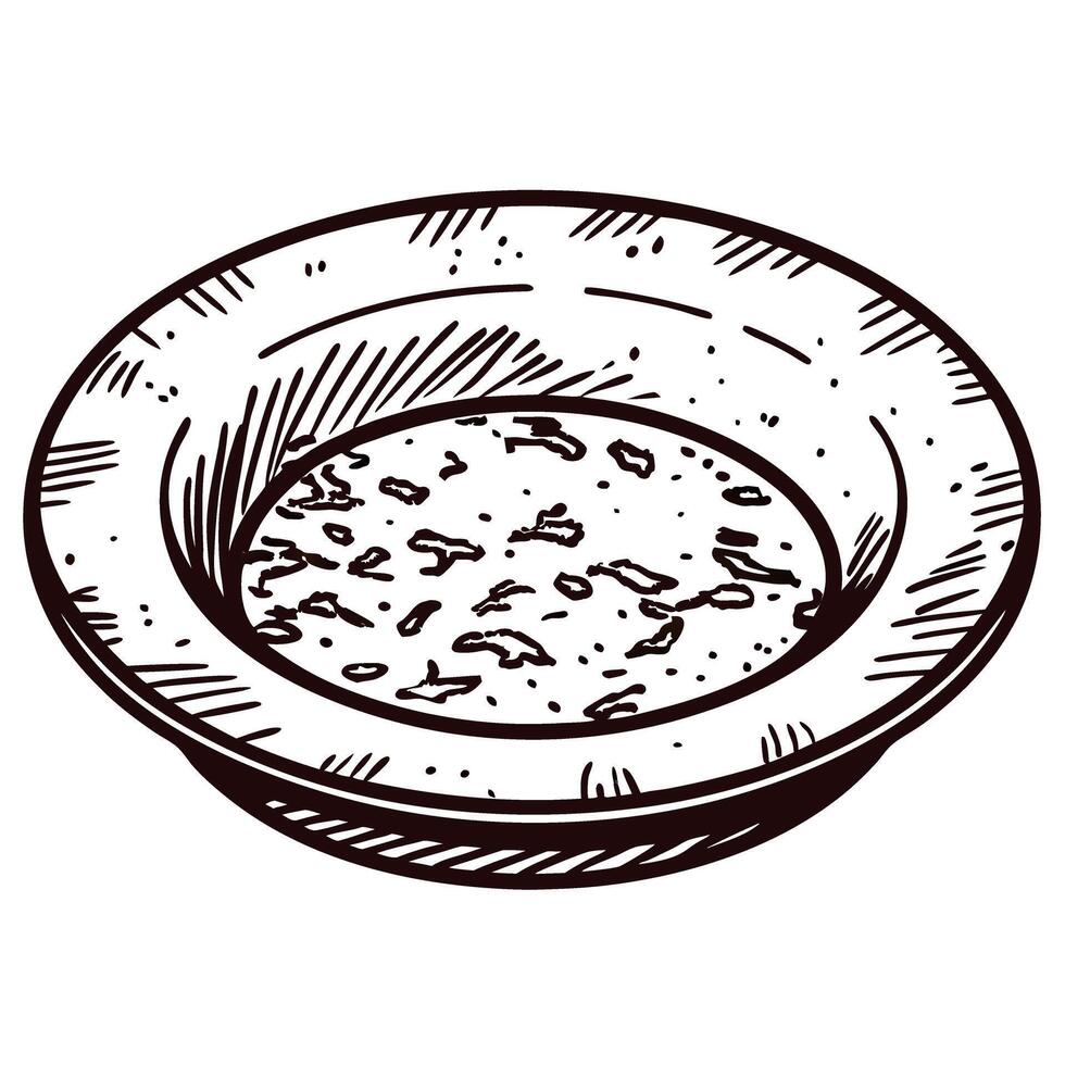 Hand drawn illustration of vintage shallow pan with flecks engraved sketch kitchenware isolated on white vector