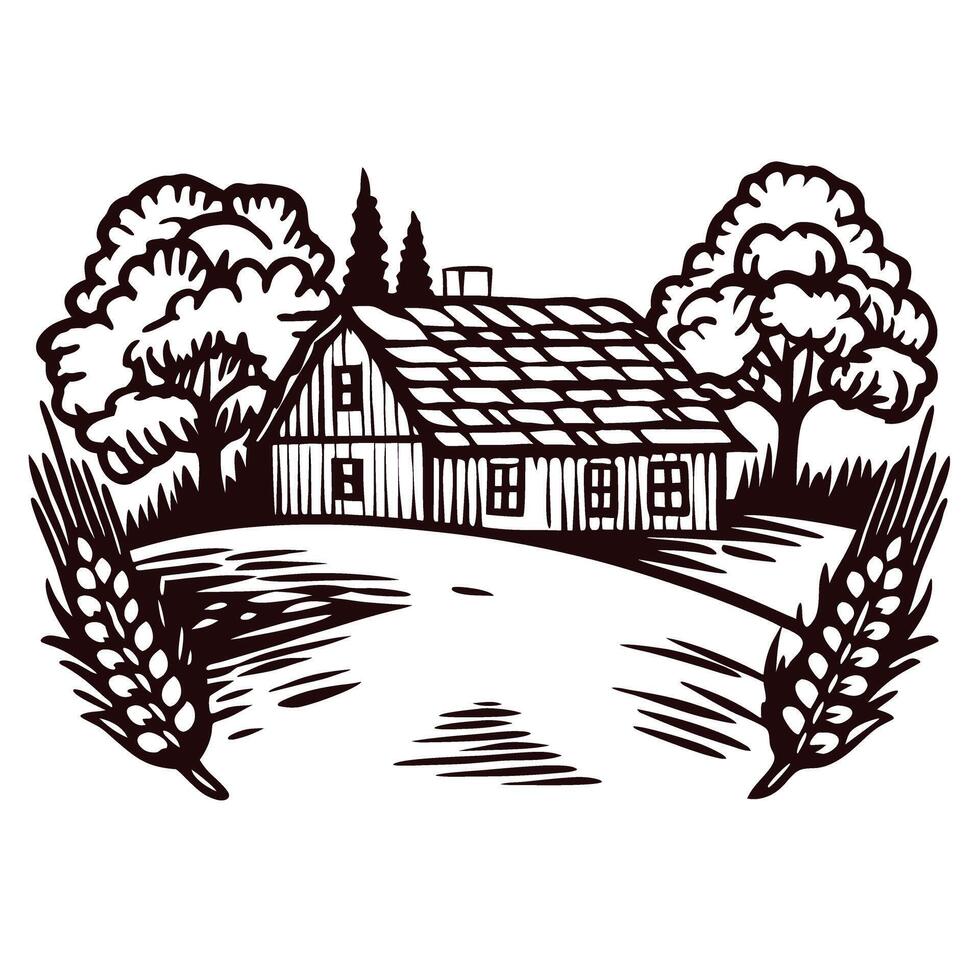 Rustic countryside wooden cabin surrounded by trees and wheat field in vintage hand drawn engraving vector