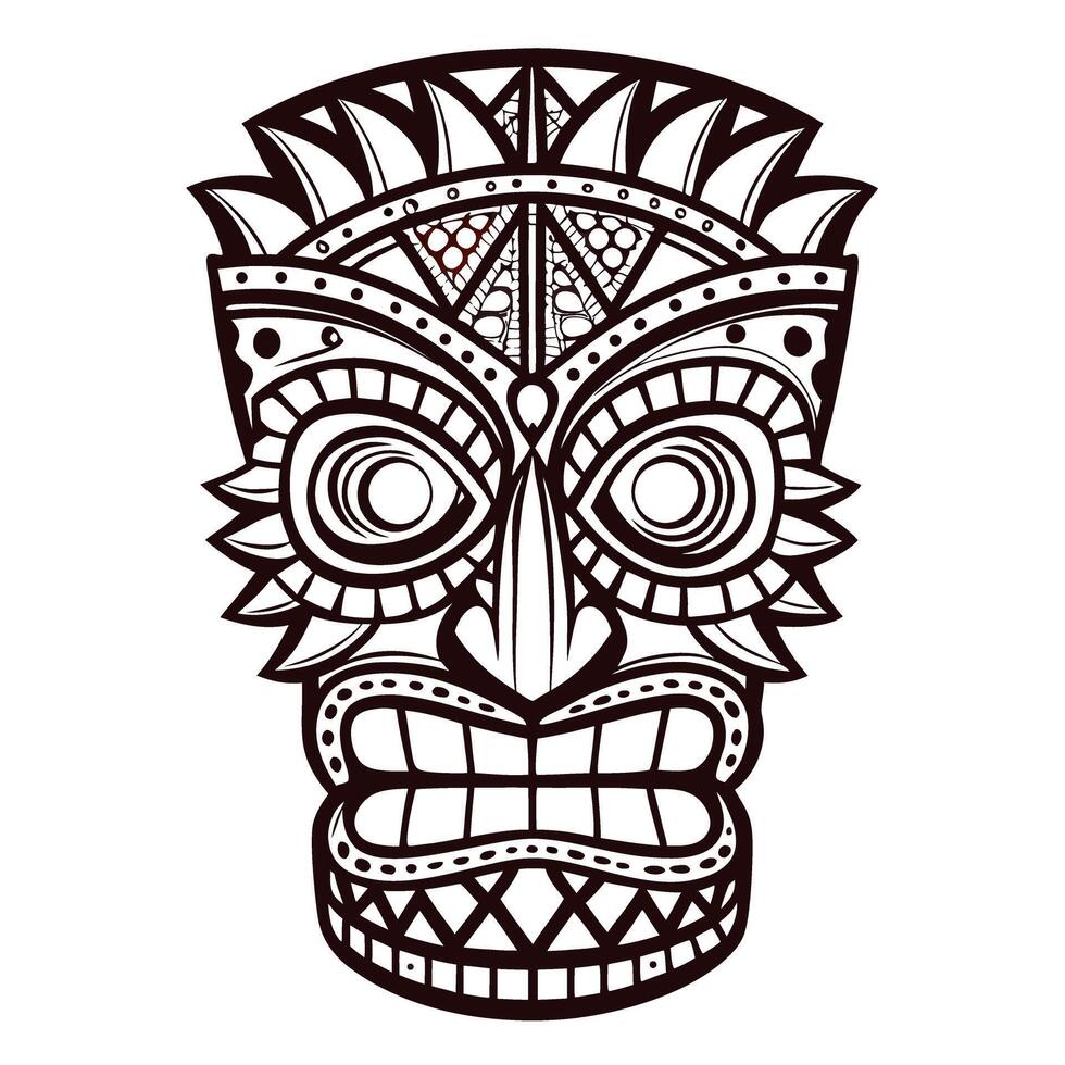 Ornate tribal mask illustration with geometric patterns and bold symmetrical lines outline drawing vector