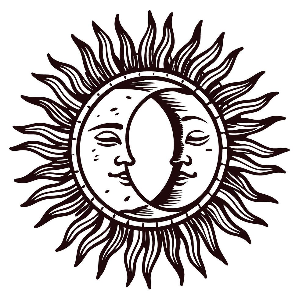 Vintage engraved sun and moon face illustration with ornate rays and celestial motif on white background vector