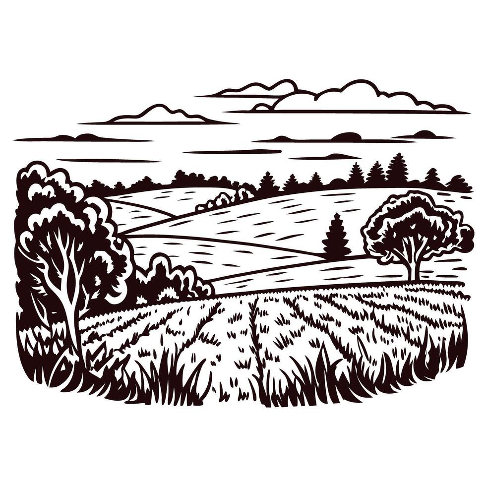 Scenic countryside landscape with rolling hills, trees, and clouds in a rustic woodcut vector