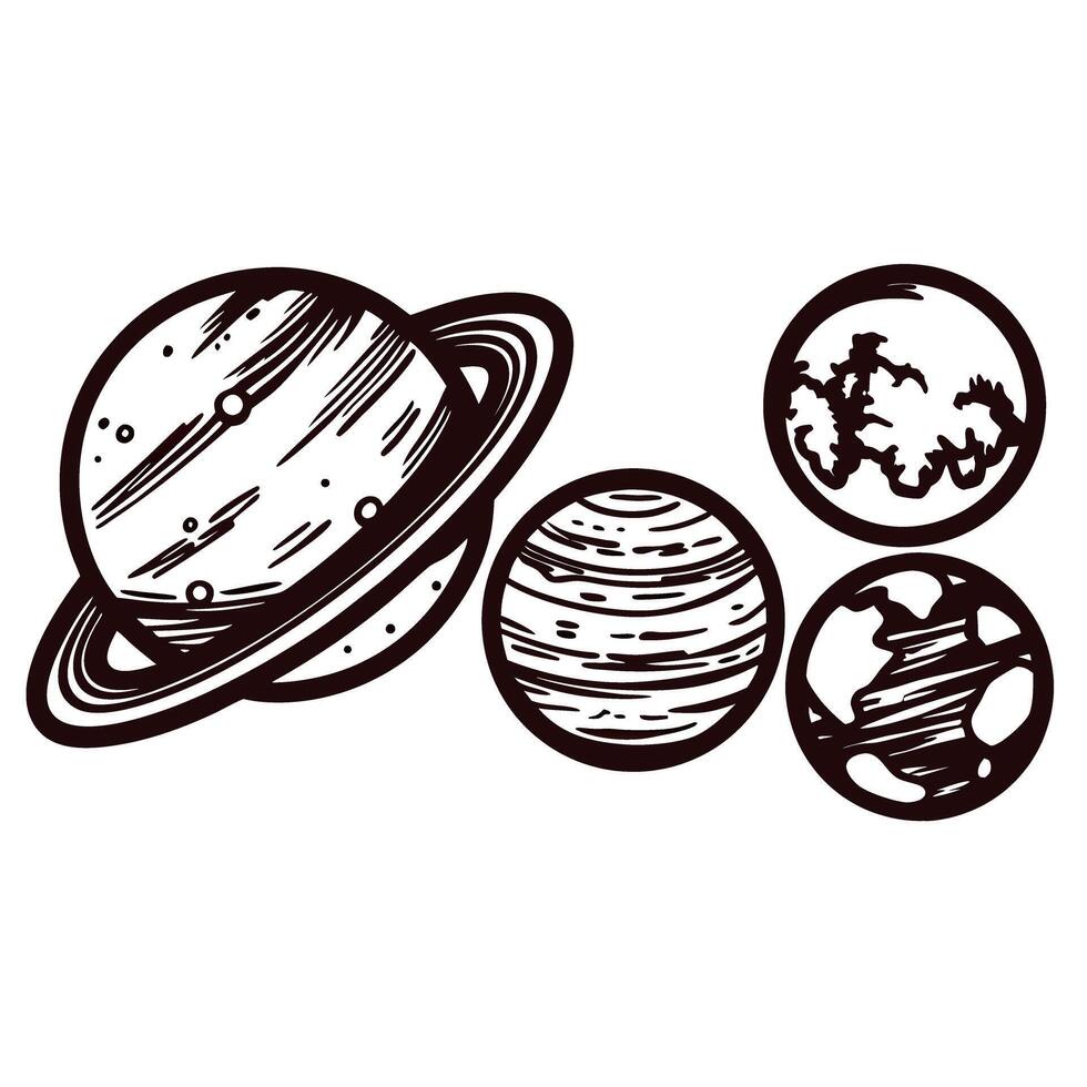 Artistic of planetary system with saturn and three unique planets vector