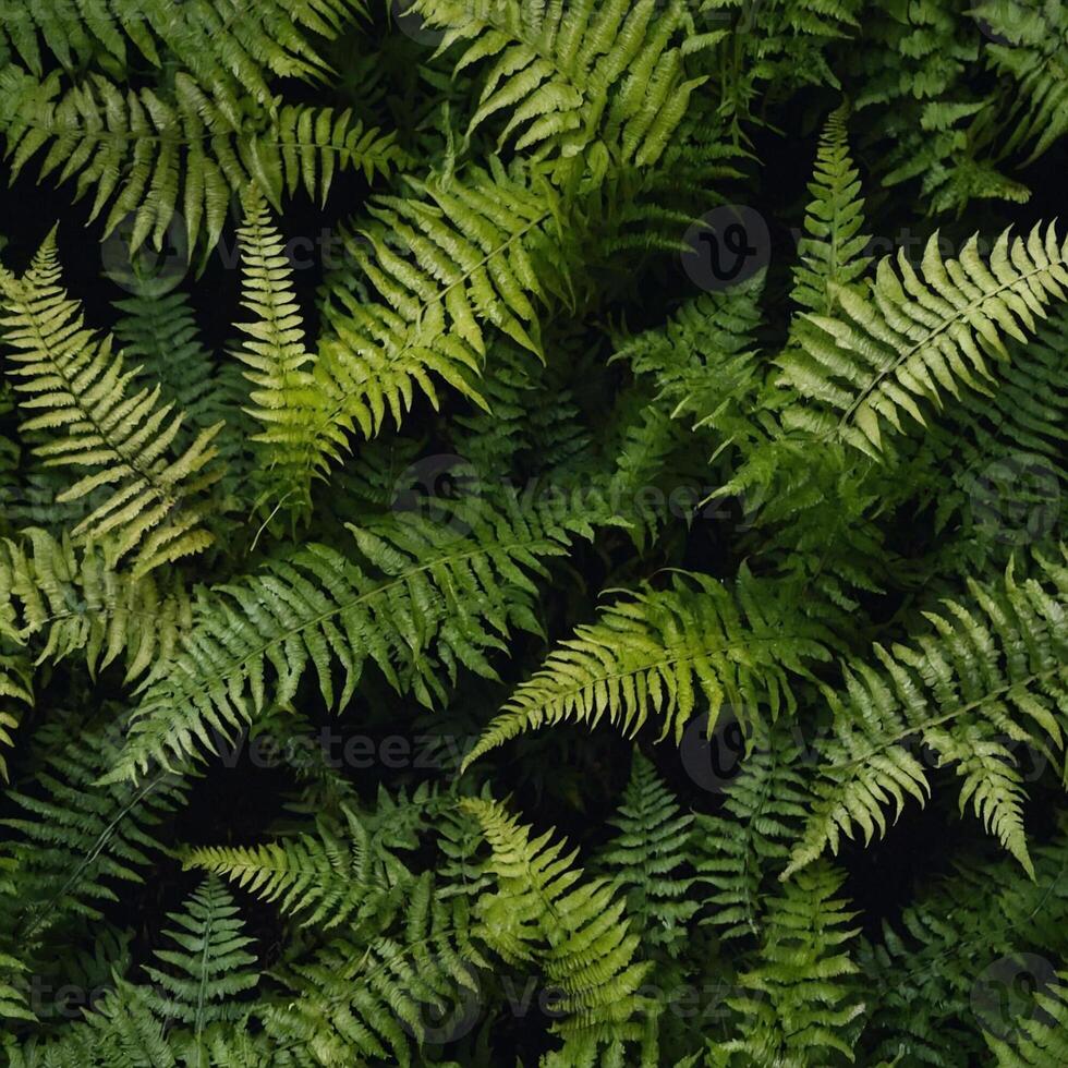 A cluster of vibrant green fern leaves set against a black background photo