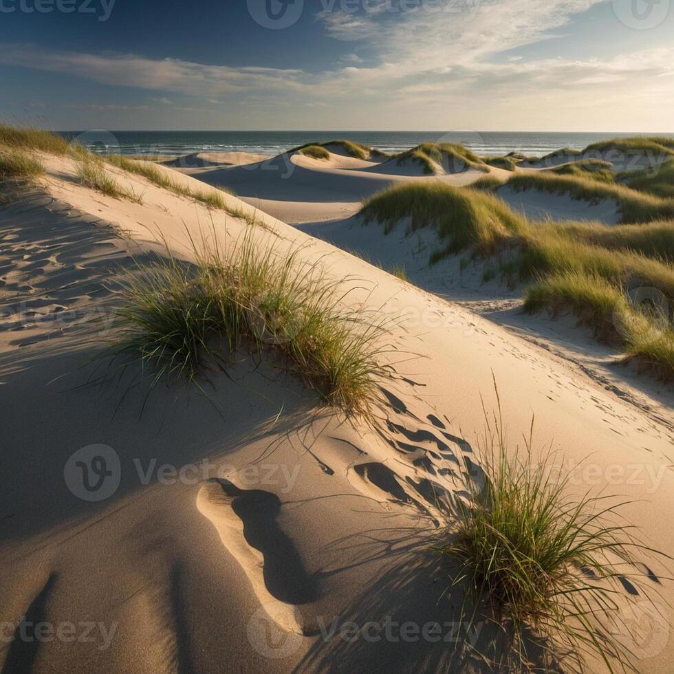 Footprints left behind in the soft sand on a sand dune by the ocean photo