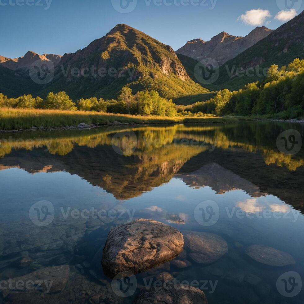 A large rock sits in the middle of a lake, surrounded by trees and mountains photo