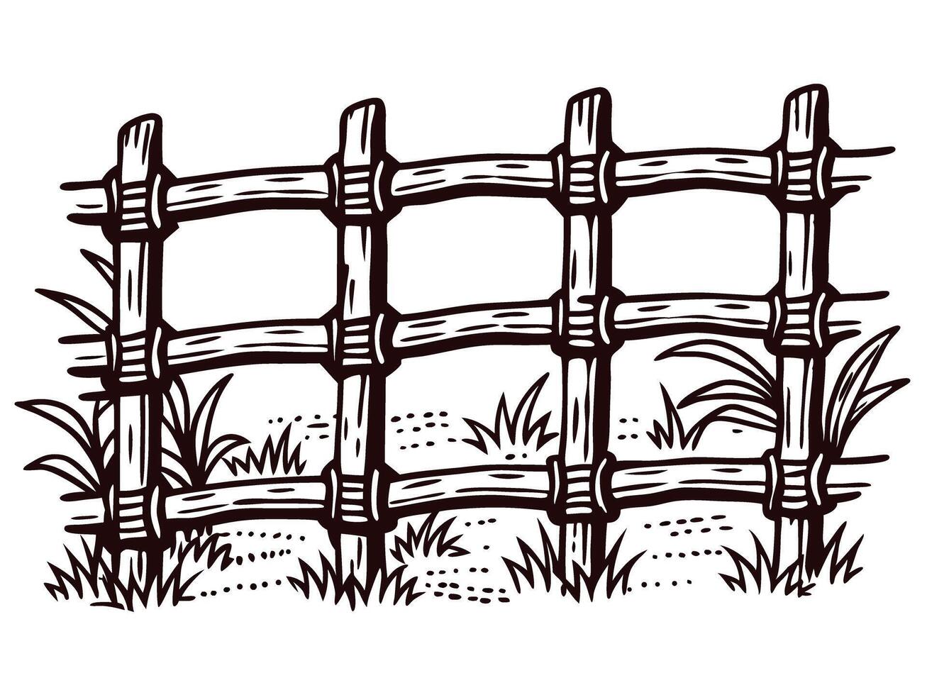Hand drawn vintage wooden fence illustration with grass and rustic countryside design isolated on white background vector