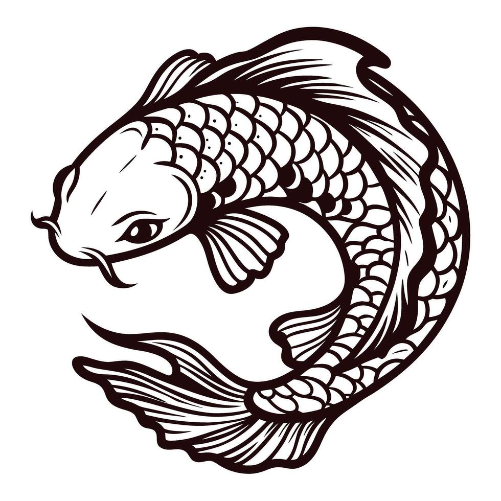 Stylized koi fish illustration in black ink with intricate scales and flowing fins, swirling in decorative circular motion vector