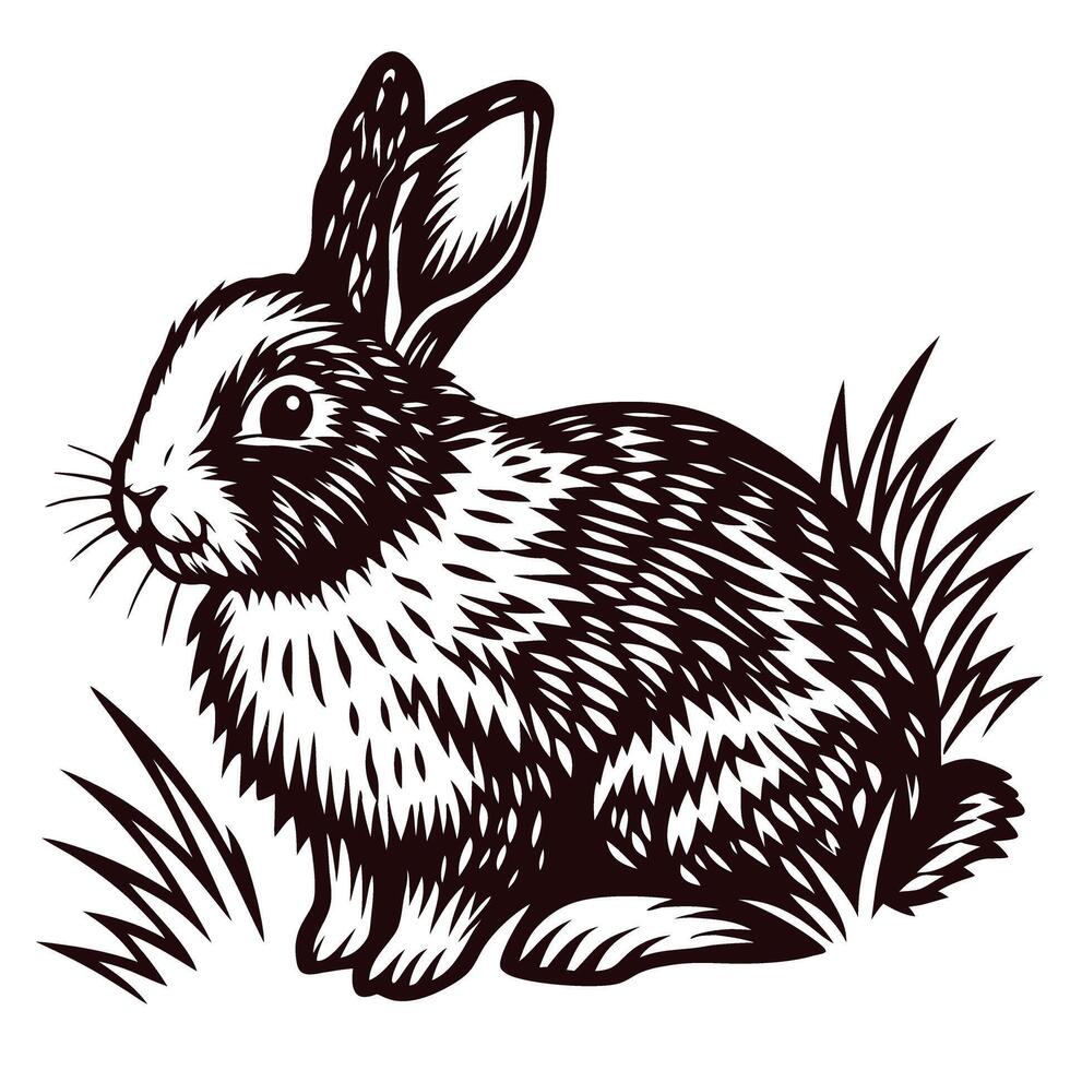 Intricate black and white of a rabbit in a natural setting vector