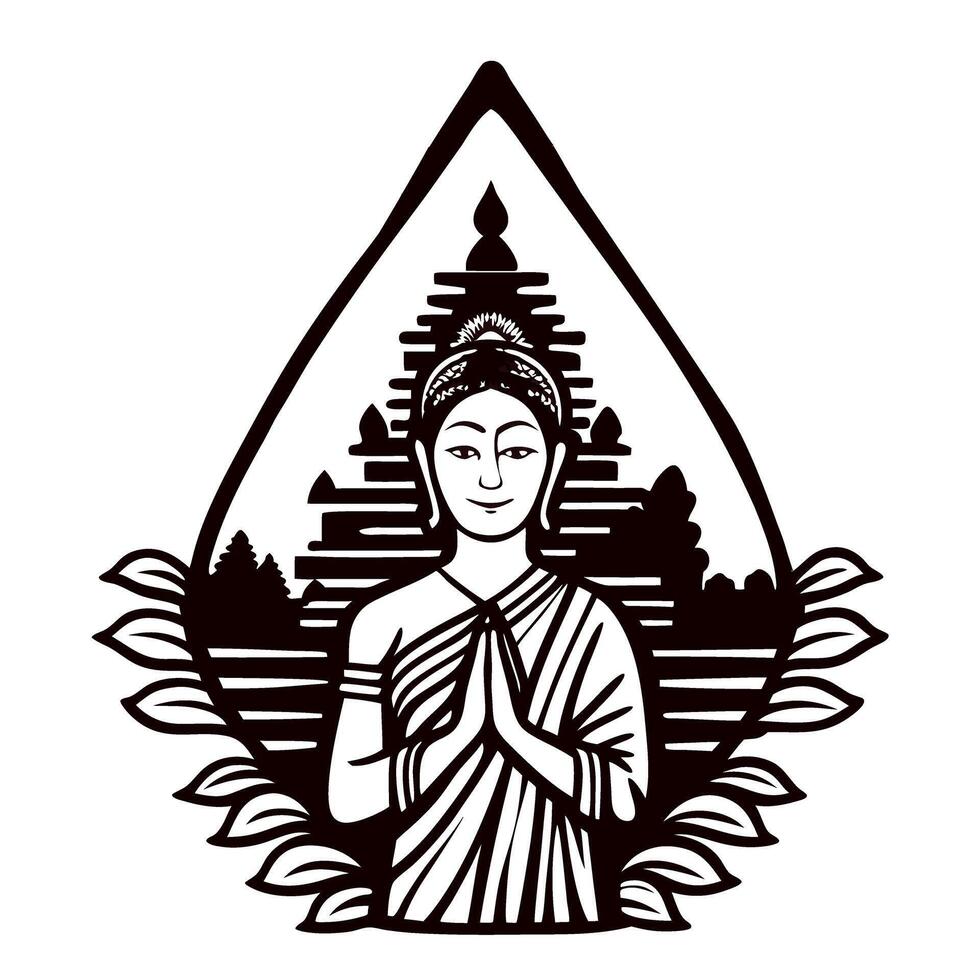 Hand drawn buddha illustration with folded hands in front of a pagoda ornament, surrounded by leaves vector