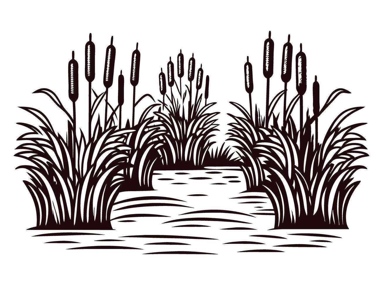 Serene wetland scene with tall cattails and peaceful water reflection in monochrome vector