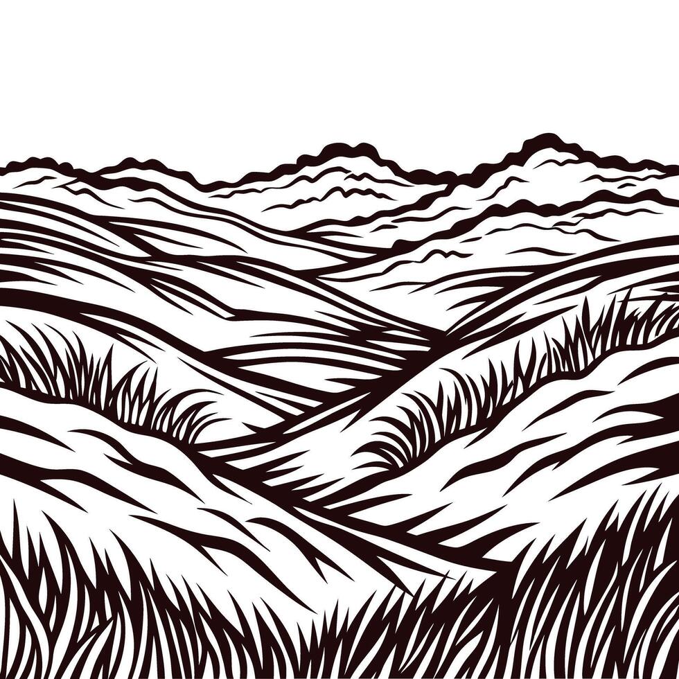 Expansive mountainous terrain with flowing river and rolling hills at sunset vector