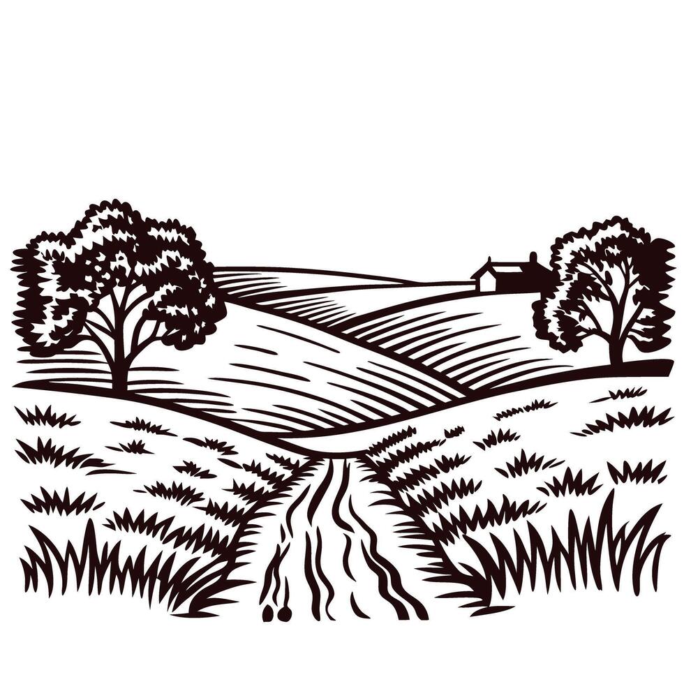 Rustic countryside landscape with rolling fields, winding dirt road, farmhouse, and trees in sketch engraving vector