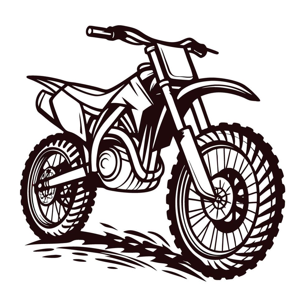 Detailed black and white illustration of off road dirt bike with rugged tires and dynamic design isolated on white vector