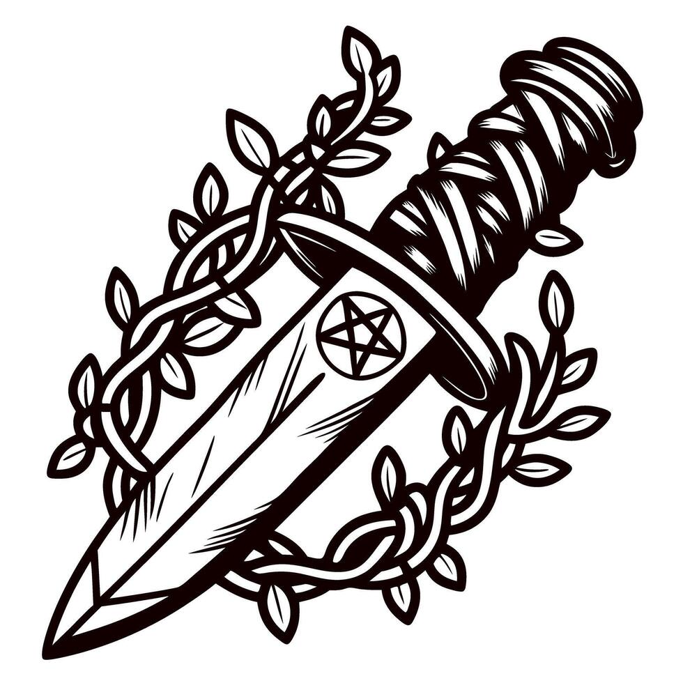 Vintage dagger with wrapped handle and pentagram symbol entwined by leafy vines in black and white illustration vector