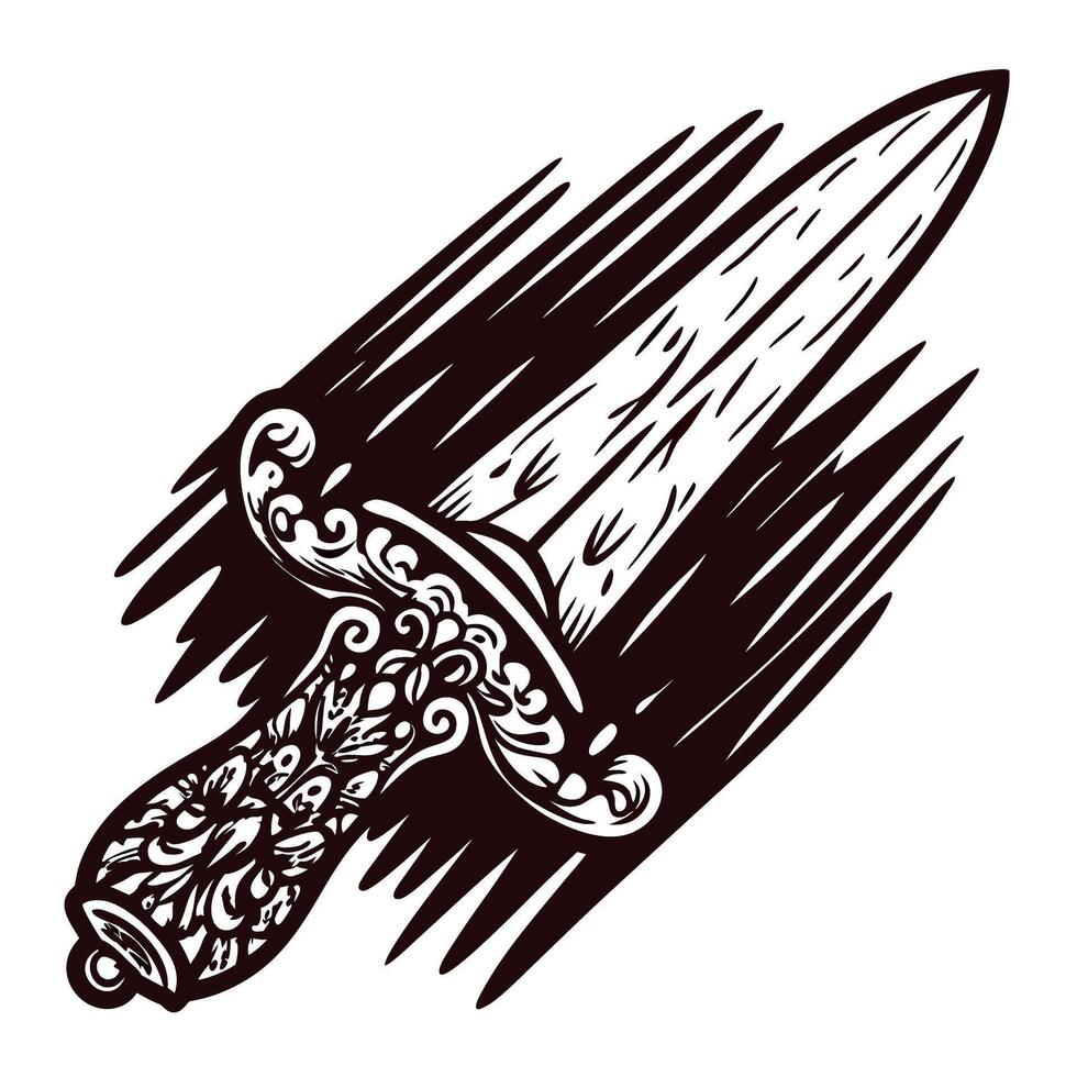 Ornate engraved dagger with decorative handle and blade in vintage etching illustration vector