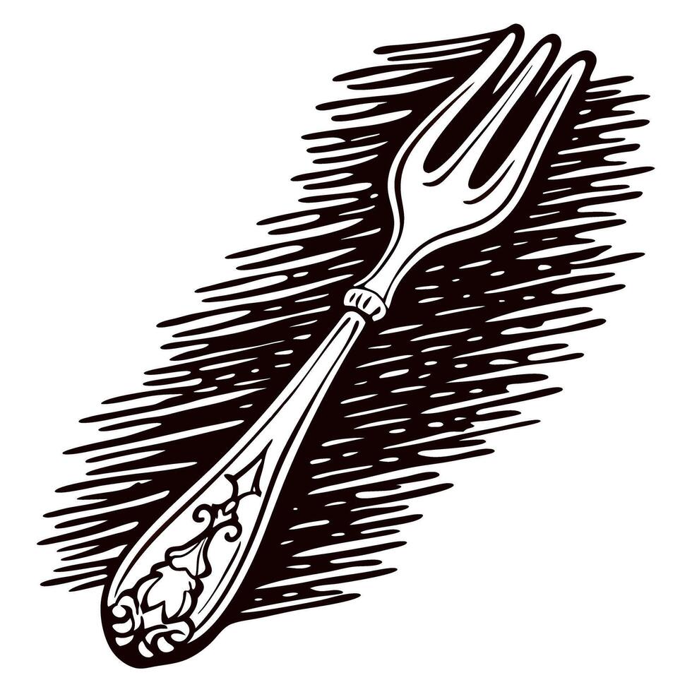 Ornate vintage fork illustration with decorative handle and engraved details on dark sketched background vector