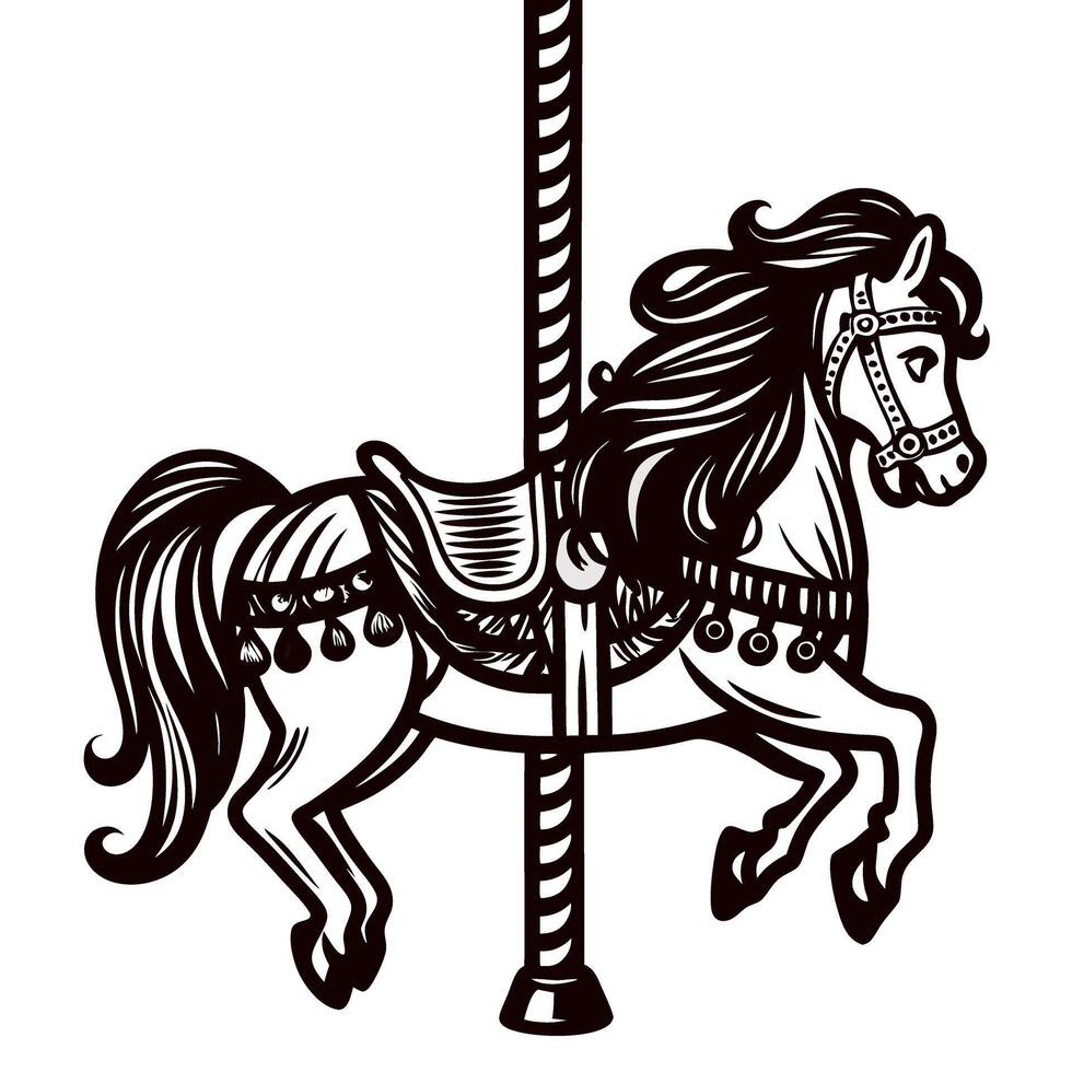 Vintage engraved carousel horse with ornate saddle and bridle in black and white illustration vector