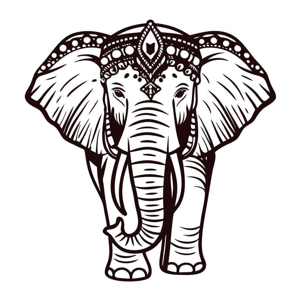 Ornate hand drawn elephant head with traditional decorative patterns and intricate linework illustration vector