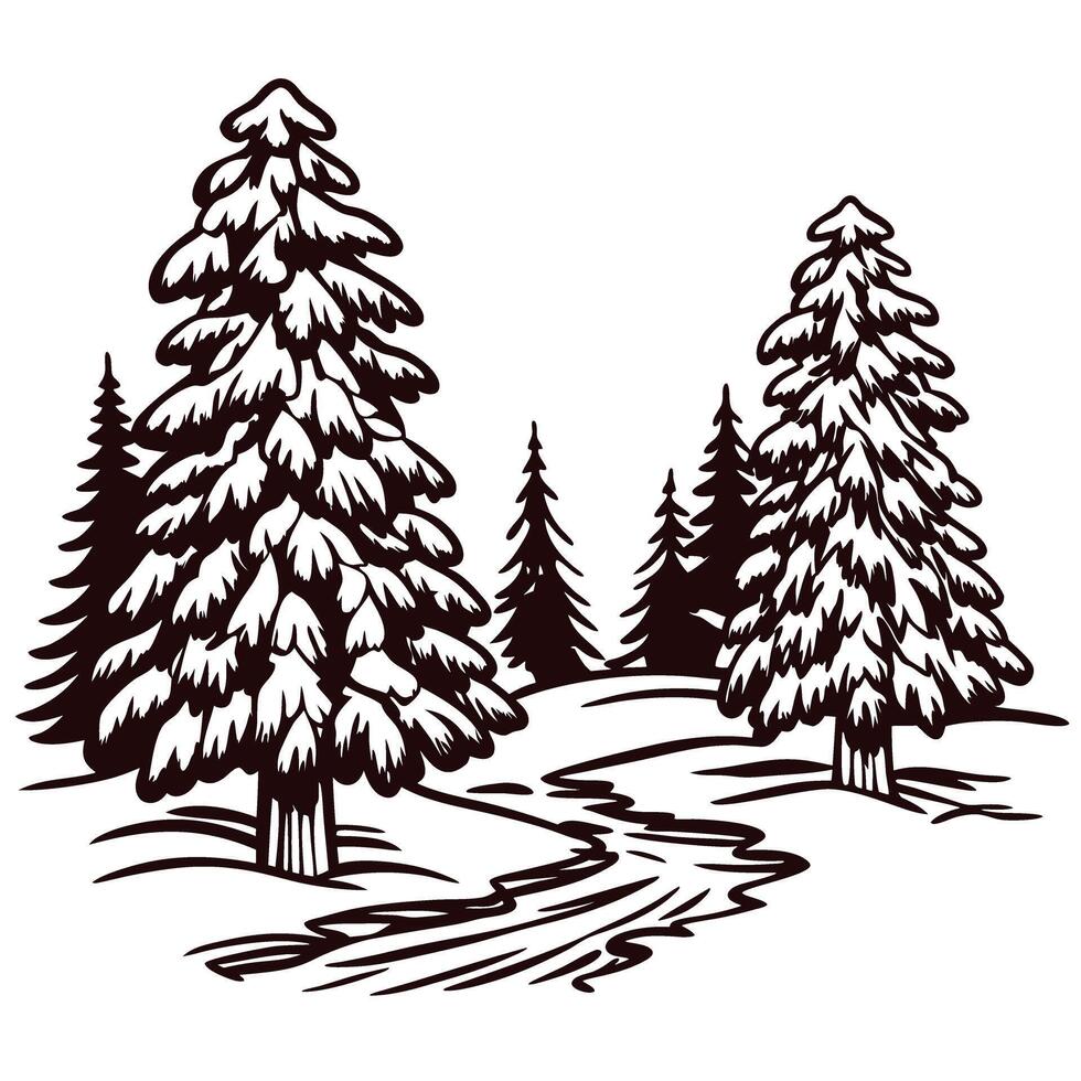 Snowy pine trees in winter forest with winding path vector