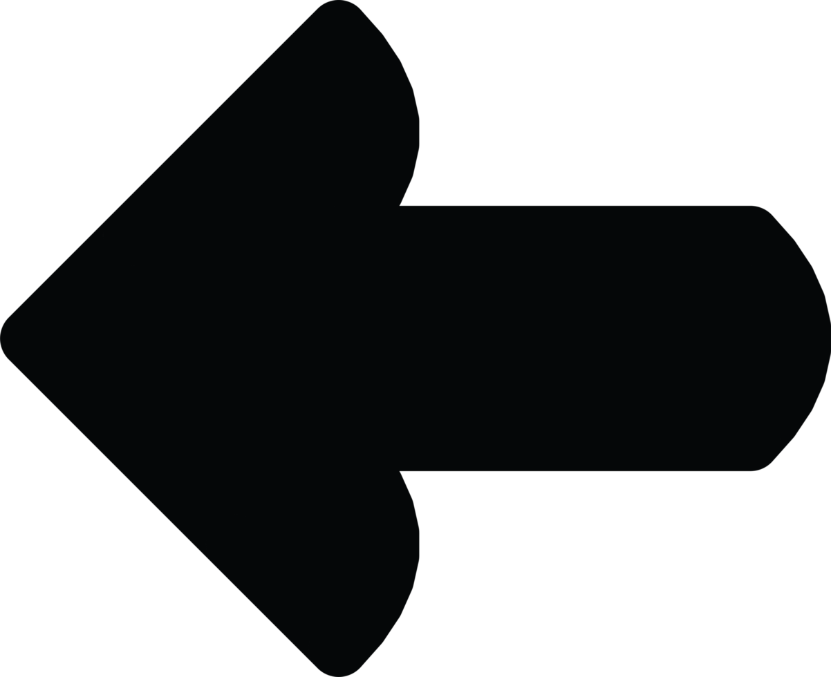 A bold black left arrow with a smooth design on a transparent background. Ideal for use in presentations, digital projects, or as directional symbols for navigation and guidance. png