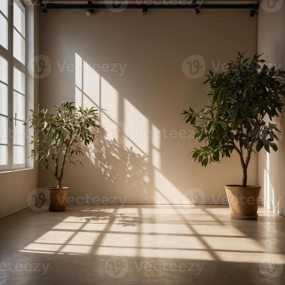 A room that features two potted plants positioned right in front of a window photo