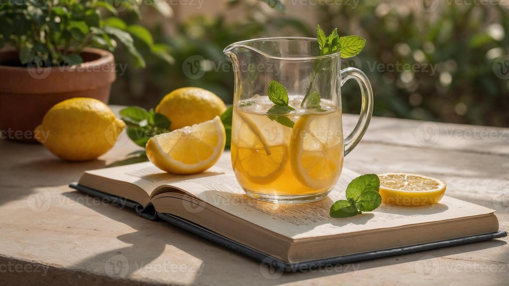 A pitcher of lemonade sits on a table next to an open book photo