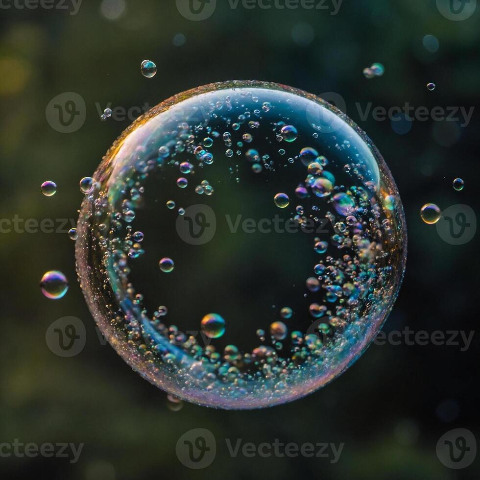 A soap bubble is surrounded by others on a dark background photo