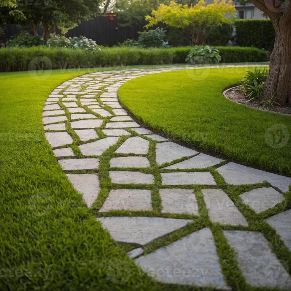 A beautiful stone walkway winds gracefully through a lush green field photo