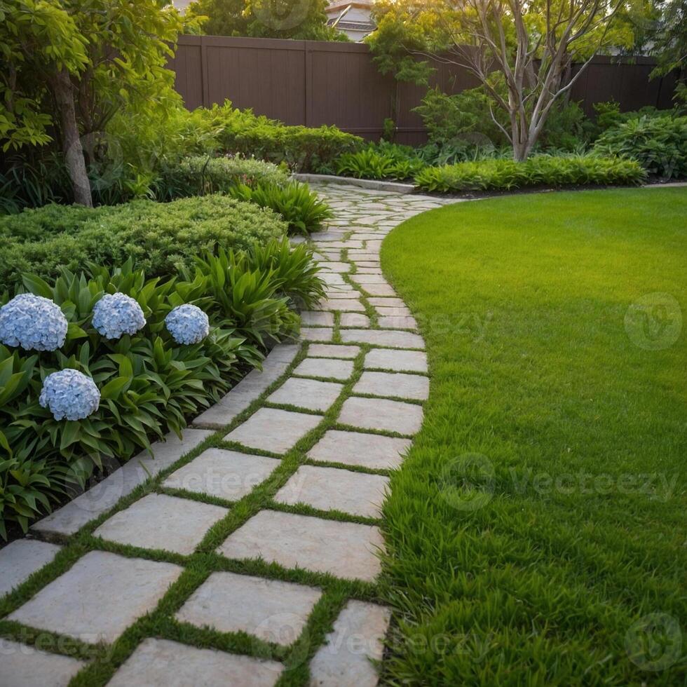 A stone walkway winds through a lush garden of vibrant plants photo