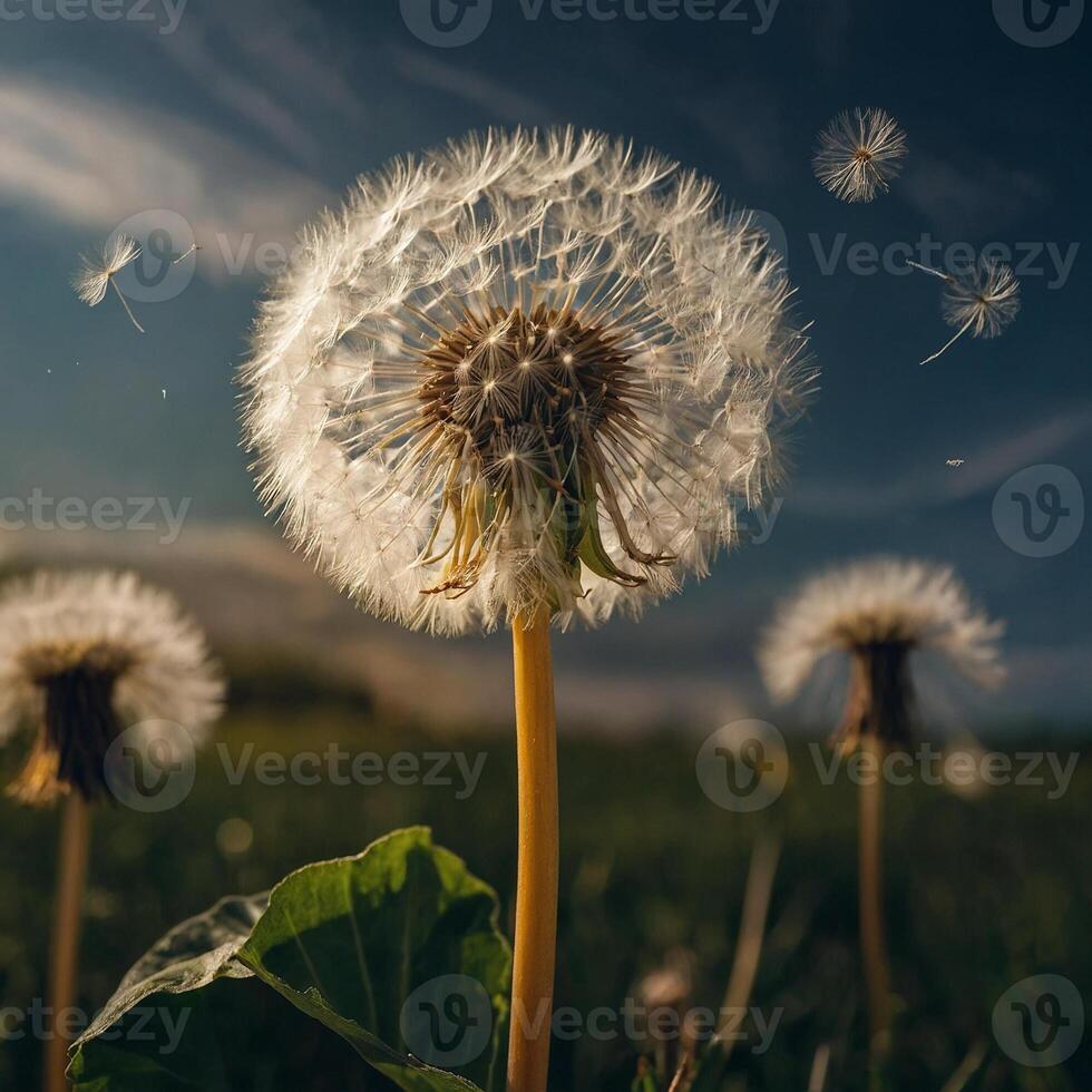 A dandelion is in the foreground of a field with a blue sky in the background photo